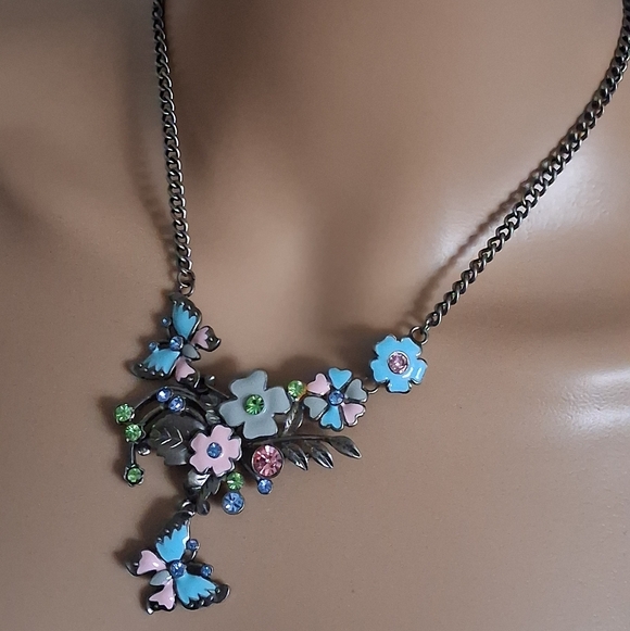 The Unbranded Brand Jewelry - Silvertone Floral Butterfly Necklace with Blue and Pink Accents